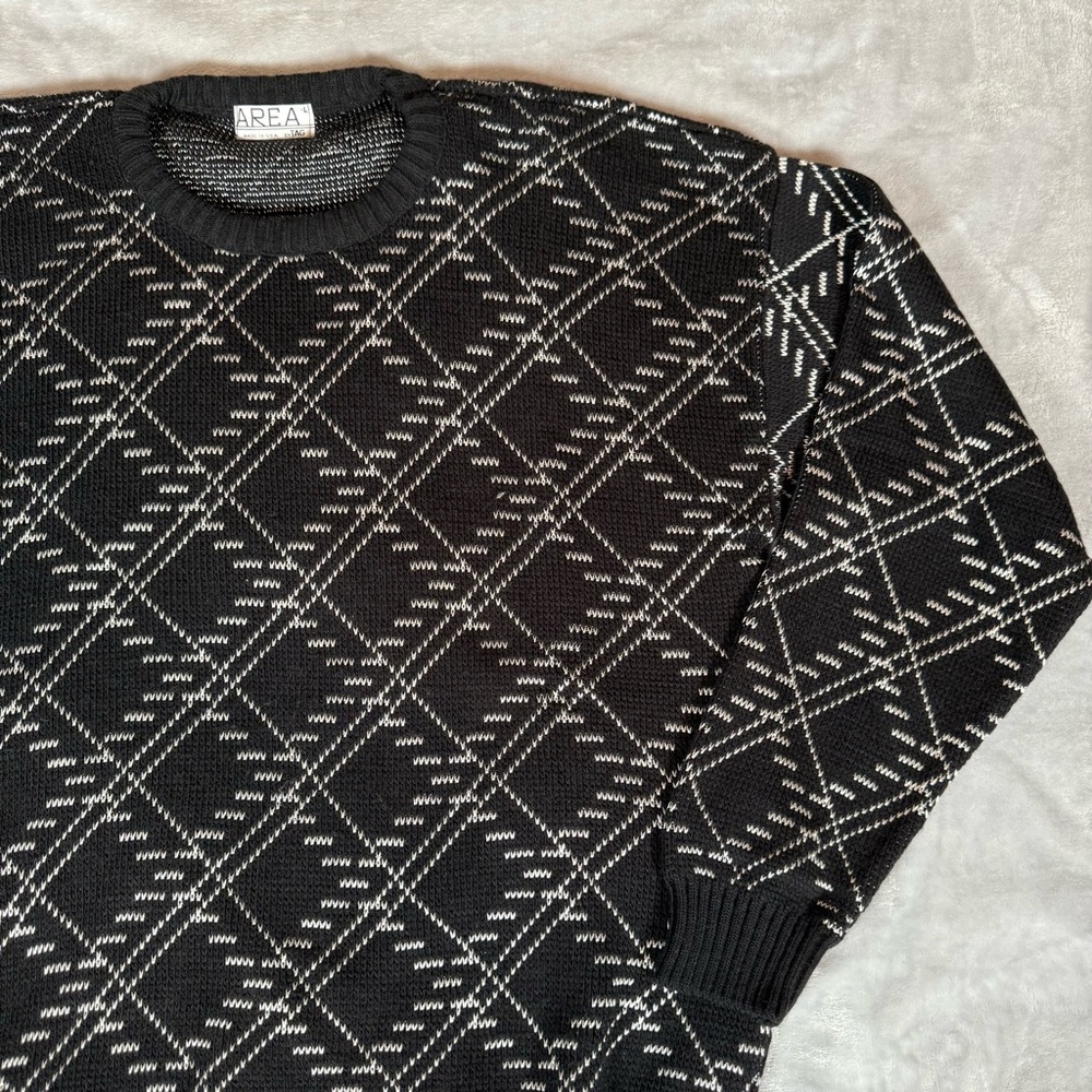 Vintage Area Geometric Sweater Mens L Acrylic Rayon Grandpa Black 90s